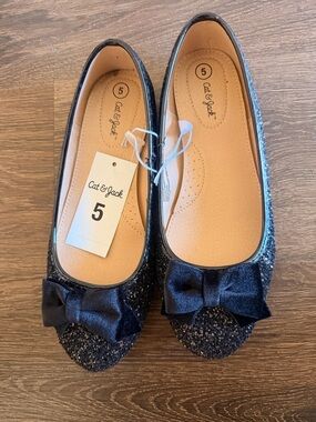 Cat & Jack Girls Black Glitter Bow Flats Toddler Sz 5 NWT